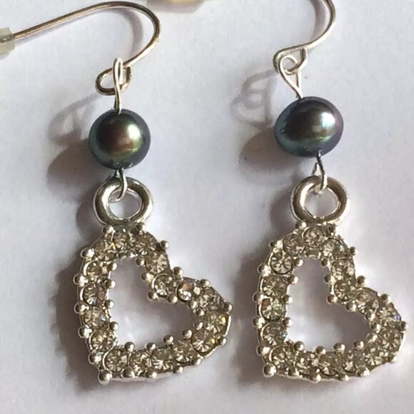 Black Tahitian Pearl Heart Earrings Silver Plated Crystal Dangle Bridal Love - Picture 5 of 11